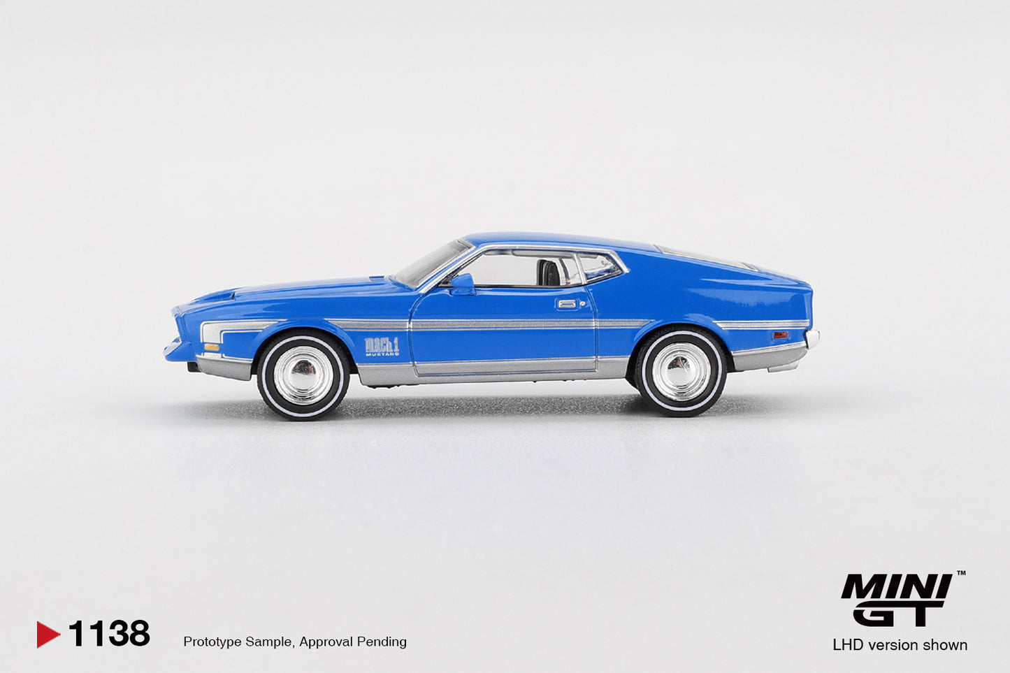 Mini GT 1:64 Ford Mustang Mach 1 1971 Grabber Blue classic muscle car model. Side