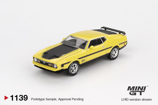 Mini GT 1:64 Ford Mustang Mach 1 1971 in Grabber Yellow with black stripes, detailed hood scoop, and classic fastback body style. Front