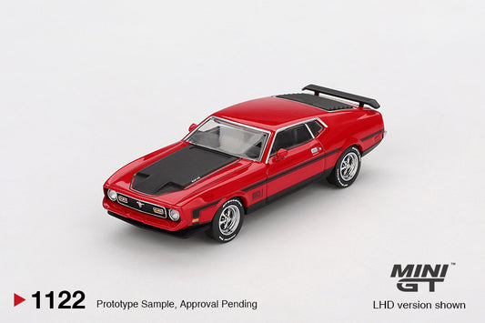 Mini GT Ford Mustang Mach 1 1971 Race Red 1:64 scale diecast model. Front