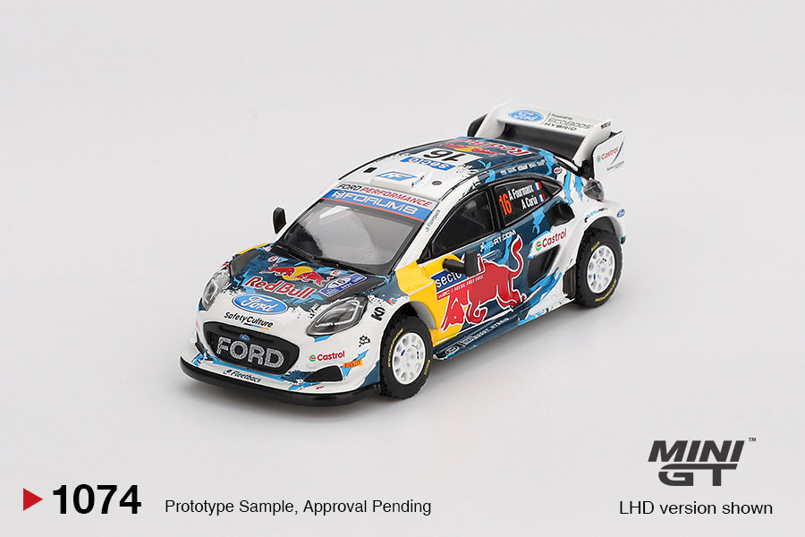 Mini GT Ford Puma Rally 1 #16 M-Sport WRT diecast car in 1:64 scale, Rally Finland 2024 livery, 3rd place finisher. Front