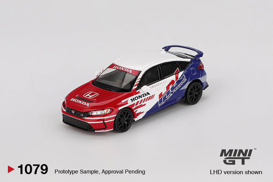 Mini GT Honda Civic Type R HRC 2024 Pace Car in white with red and blue safety livery. Front