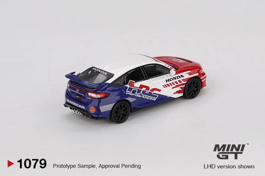 Mini GT Honda Civic Type R HRC 2024 Pace Car in white with red and blue safety livery. Back