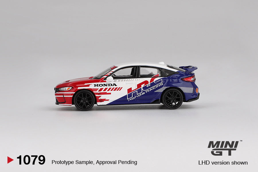 Mini GT Honda Civic Type R HRC 2024 Pace Car in white with red and blue safety livery. Side