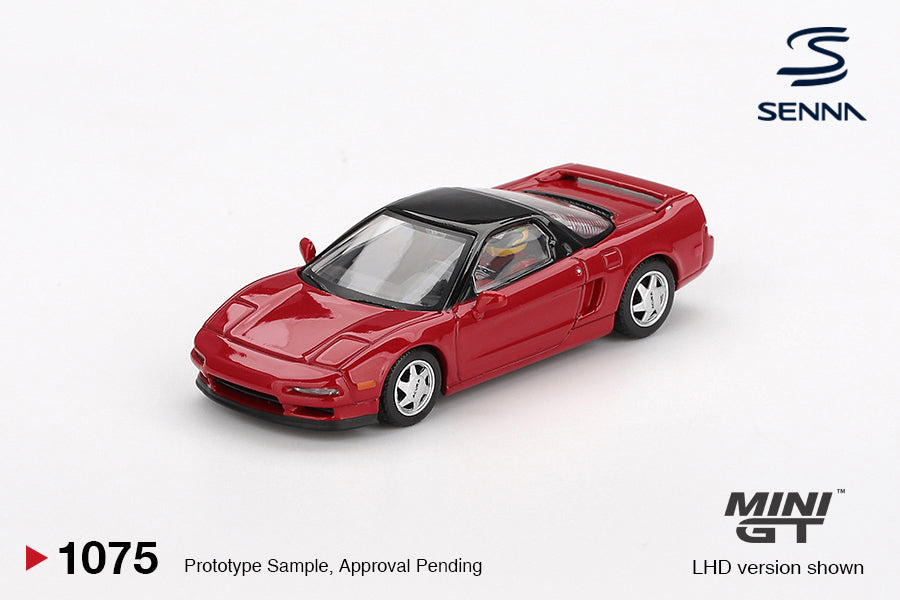 Mini GT 1:64 Honda NSX Prototype Midship Sports with Ayrton Senna figure in red, based on the 1989 development phase. Front