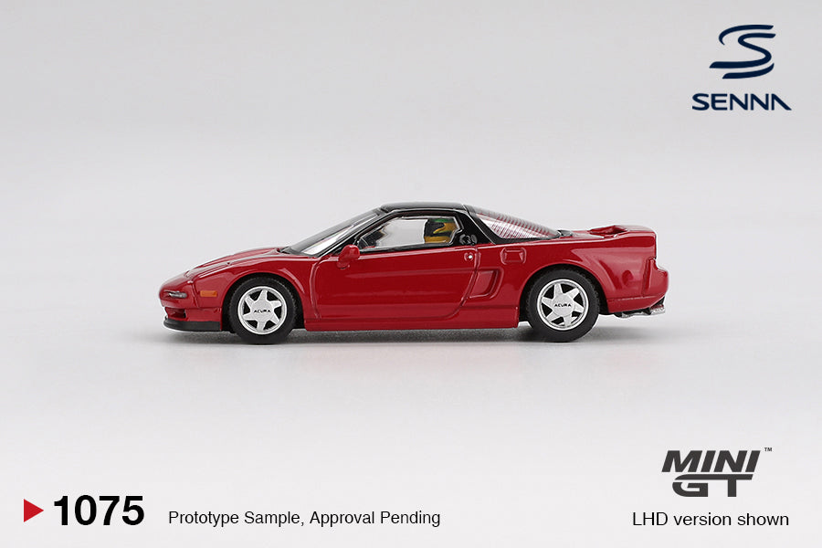 Mini GT 1:64 Honda NSX Prototype Midship Sports with Ayrton Senna figure in red, based on the 1989 development phase. Side