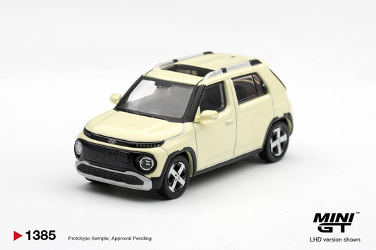 Mini GT Hyundai Casper in Butter Cream Yellow Pearl, detailed 1:64 scale city car.