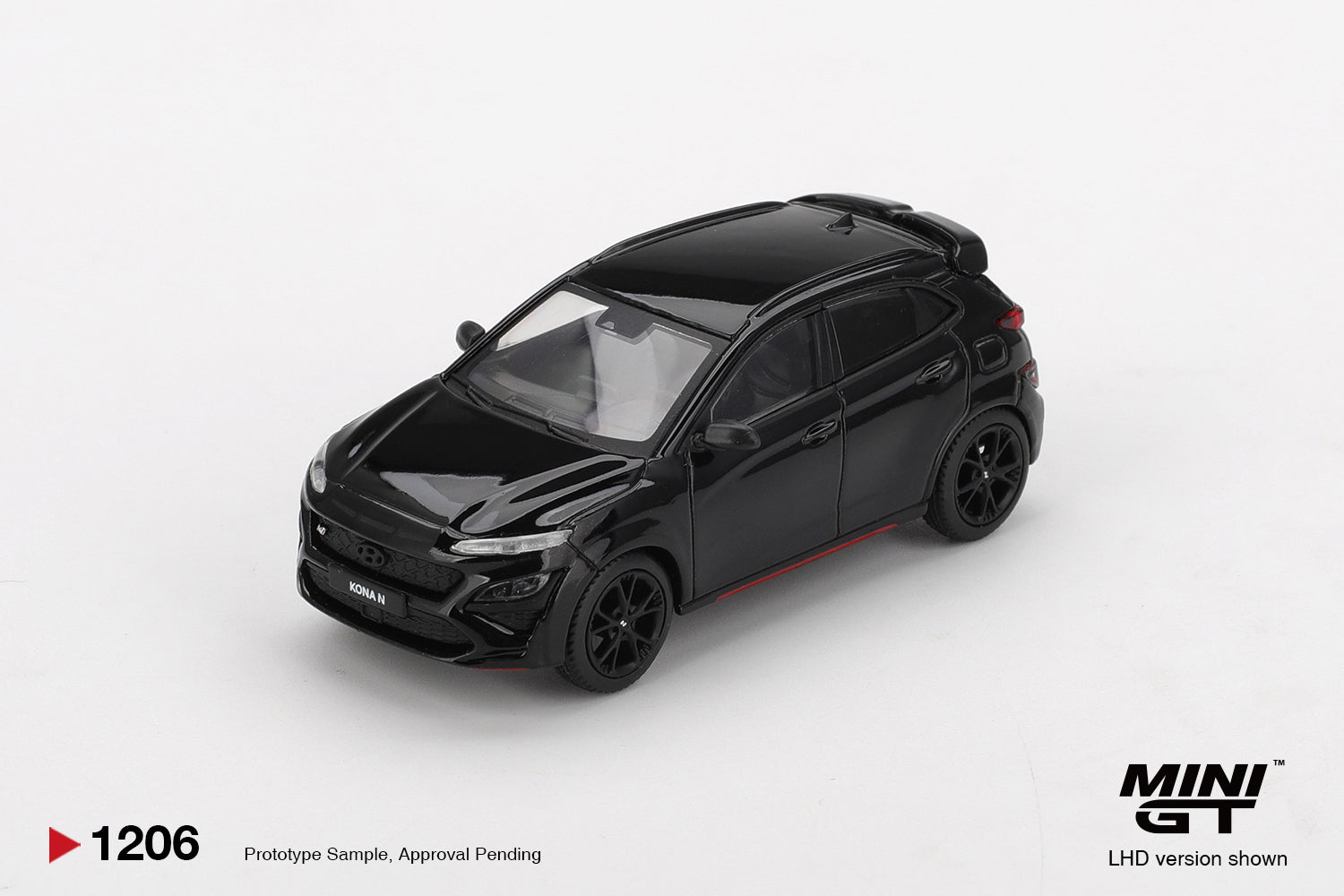 Mini GT 1:64 Hyundai Kona N 2022 Phantom Black modern sporty performance SUV model. Front
