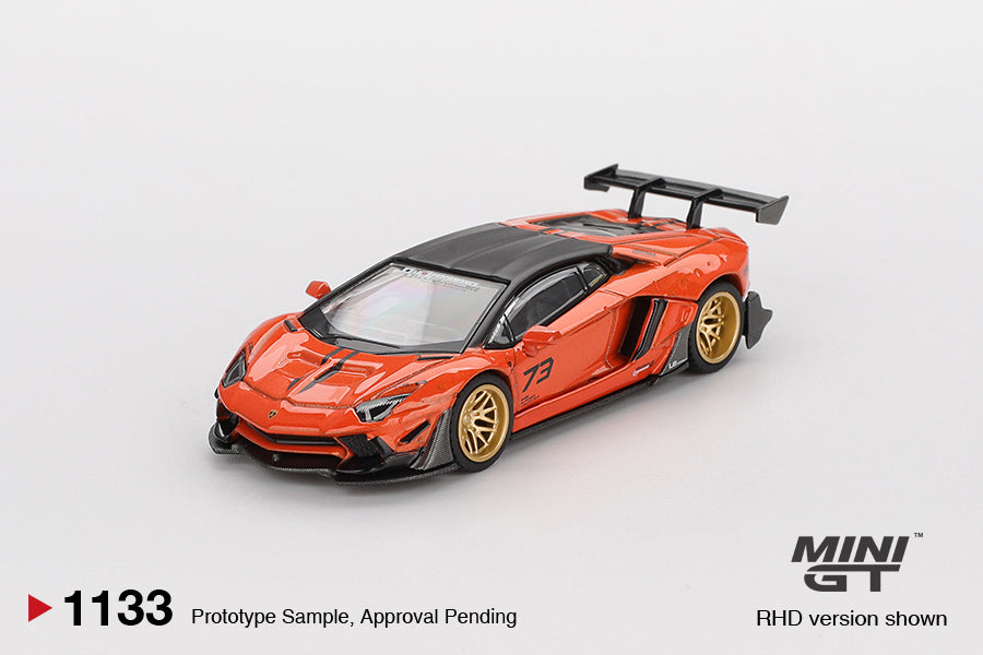 Mini GT 1:64 Lamborghini Aventador LB-WORKS Limited Edition Orange MDX 2025 diecast model. Front