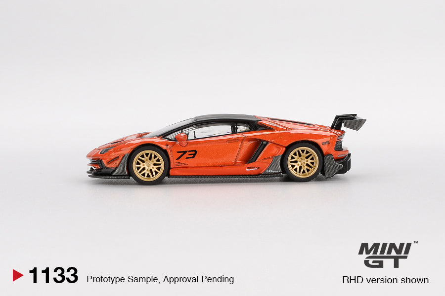 Mini GT 1:64 Lamborghini Aventador LB-WORKS Limited Edition Orange MDX 2025 diecast model. Side