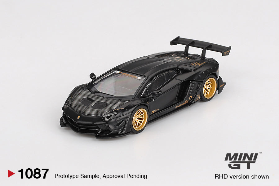 Mini GT Lamborghini Aventador LB-Works Matte Black diecast car in 1:64 scale with widebody detailing. Front