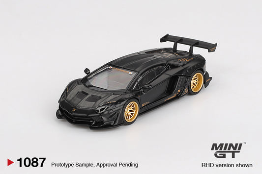 Mini GT Lamborghini Aventador LB-Works Matte Black diecast car in 1:64 scale with widebody detailing. Front