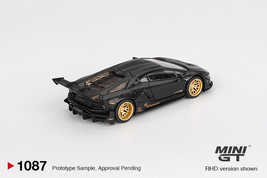 Mini GT Lamborghini Aventador LB-Works Matte Black diecast car in 1:64 scale with widebody detailing. Back