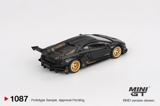 Mini GT Lamborghini Aventador LB-Works Matte Black diecast car in 1:64 scale with widebody detailing. Back