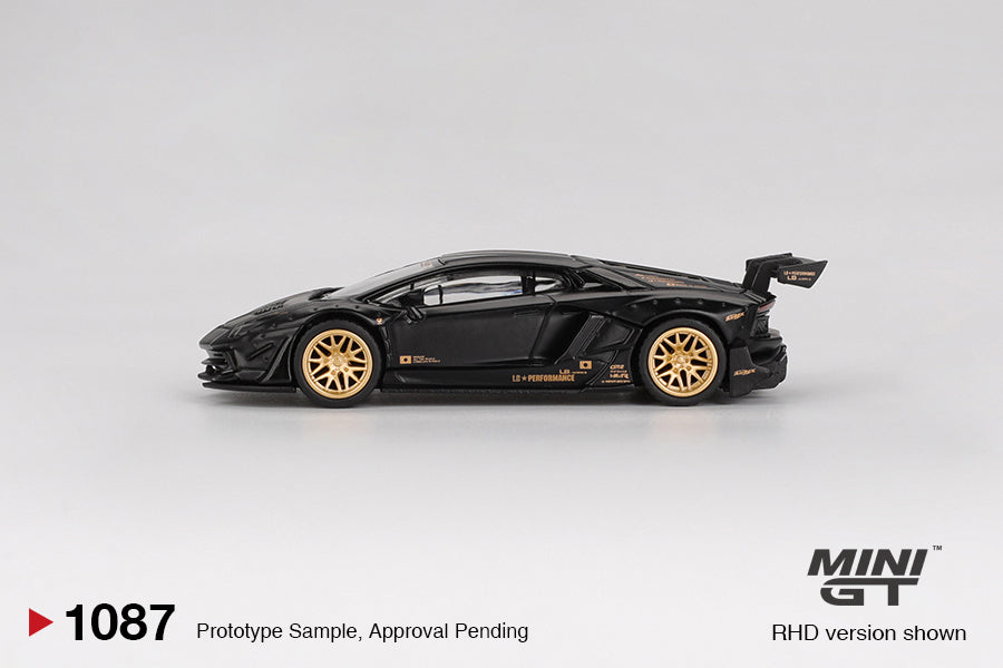 Mini GT Lamborghini Aventador LB-Works Matte Black diecast car in 1:64 scale with widebody detailing. Side