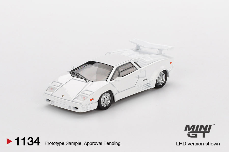 Mini GT 1:64 Lamborghini Countach 25th Anniversary White 1989 diecast model. Front