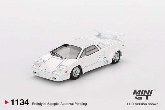 Mini GT 1:64 Lamborghini Countach 25th Anniversary White 1989 diecast model. Front
