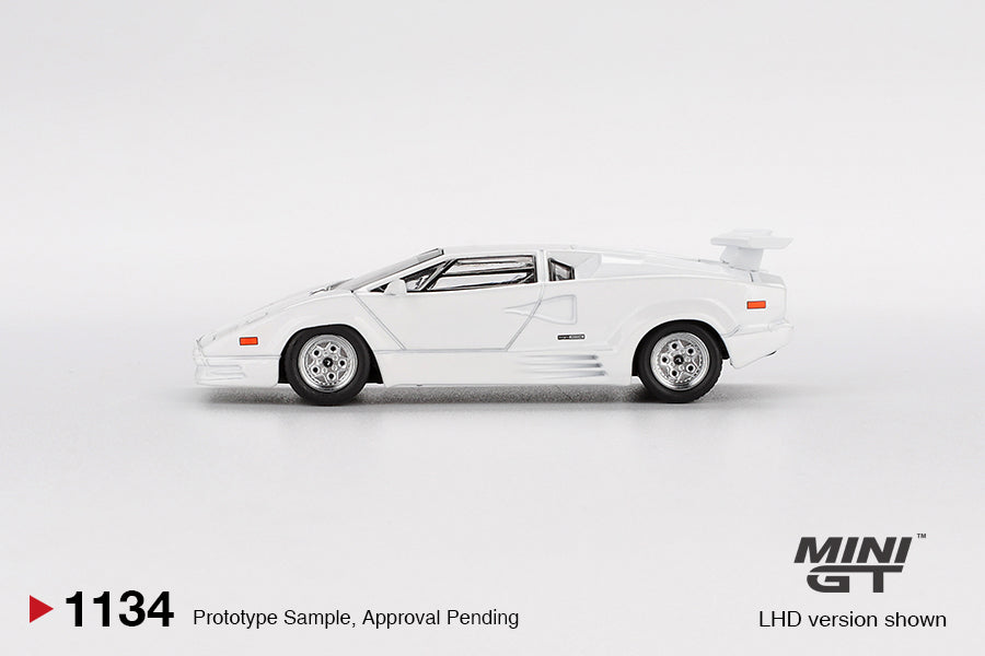 Mini GT 1:64 Lamborghini Countach 25th Anniversary White 1989 diecast model. Side