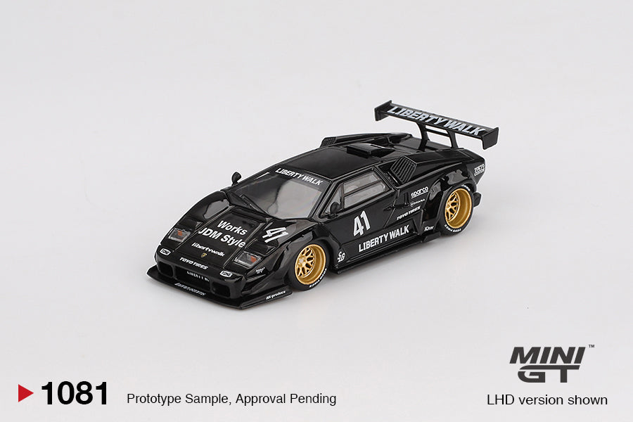 Mini GT Lamborghini Countach LB-Works in black with widebody Liberty Walk kit, 1:64 scale model. Front