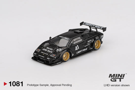 Mini GT Lamborghini Countach LB-Works in black with widebody Liberty Walk kit, 1:64 scale model. Front