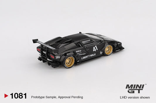 Mini GT Lamborghini Countach LB-Works in black with widebody Liberty Walk kit, 1:64 scale model. Back