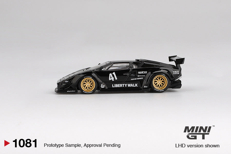 Mini GT Lamborghini Countach LB-Works in black with widebody Liberty Walk kit, 1:64 scale model. Side