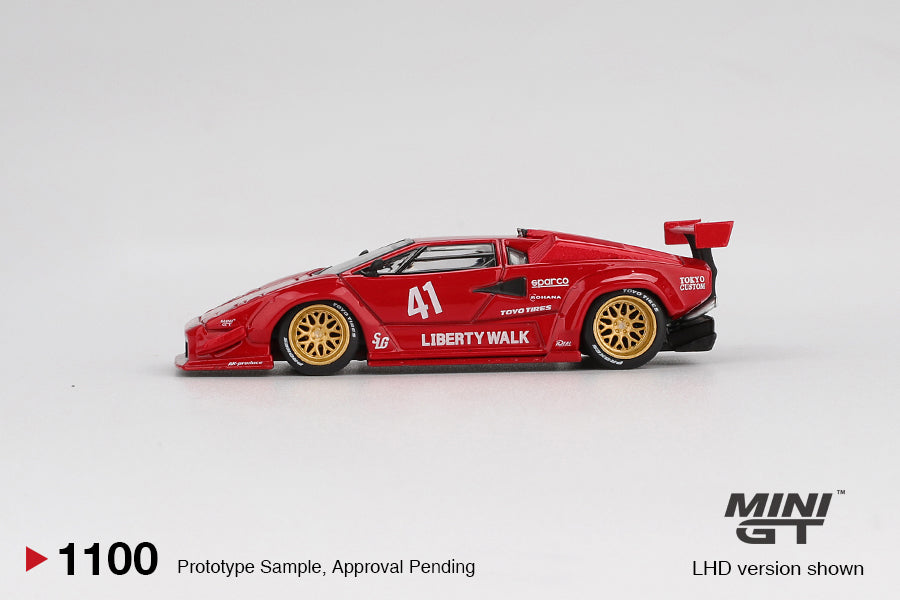 Mini GT 1:64 Lamborghini Countach LB-Works Red 2025 diecast model car, third recolor release. Side