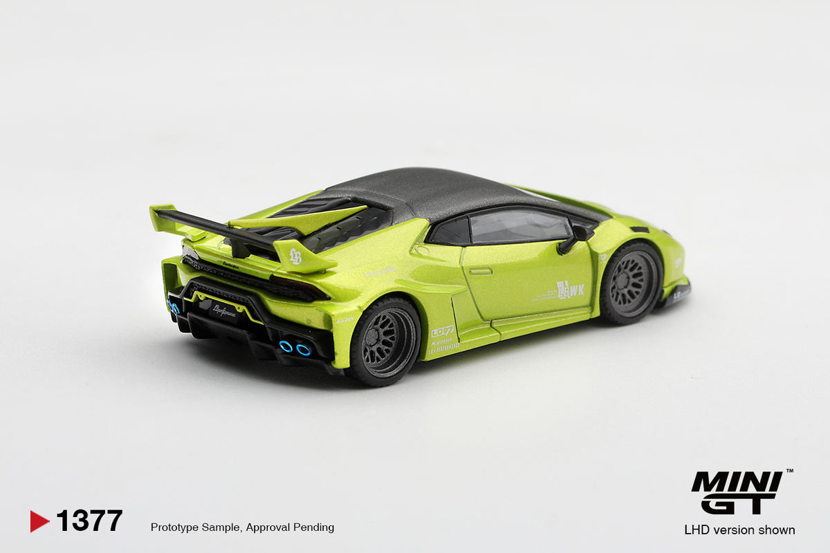 Mini GT Lamborghini Huracán LB★WORKS 2023 in Lime Metallic, 1:64 scale model.