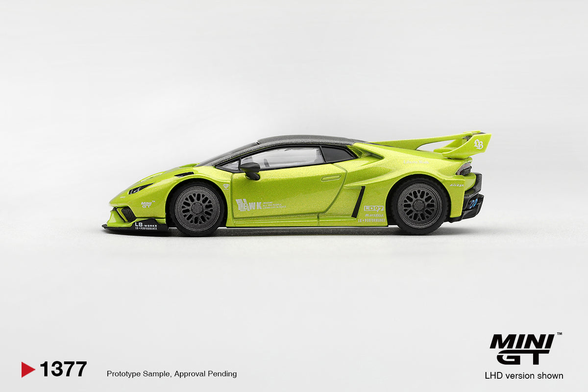 Mini GT Lamborghini Huracán LB★WORKS 2023 in Lime Metallic, 1:64 scale model.
