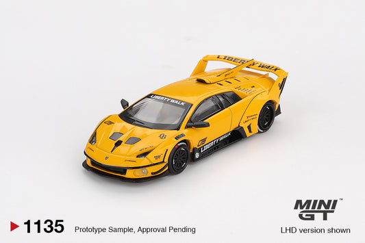 Mini GT Lamborghini Murciélago LB-Silhouette Works GT EVO in bright yellow, 1:64 diecast car with widebody kit, large rear wing, and detailed aero design. Front