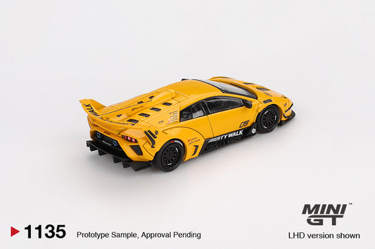 Mini GT Lamborghini Murciélago LB-Silhouette Works GT EVO in bright yellow, 1:64 diecast car with widebody kit, large rear wing, and detailed aero design. Back