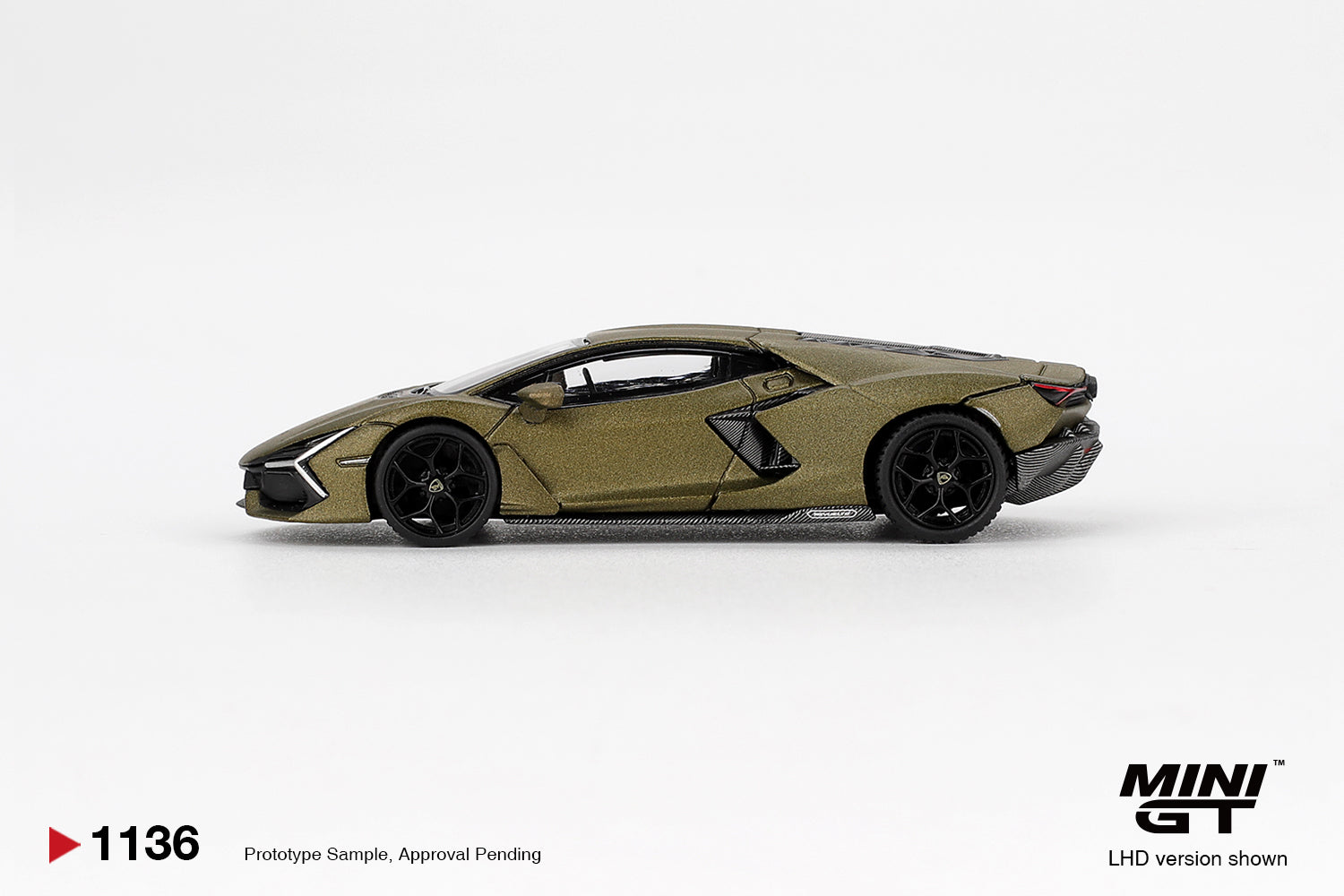 Mini GT Lamborghini Revuelto Verde Gea matte 2023 supercar diecast 1:64. Side