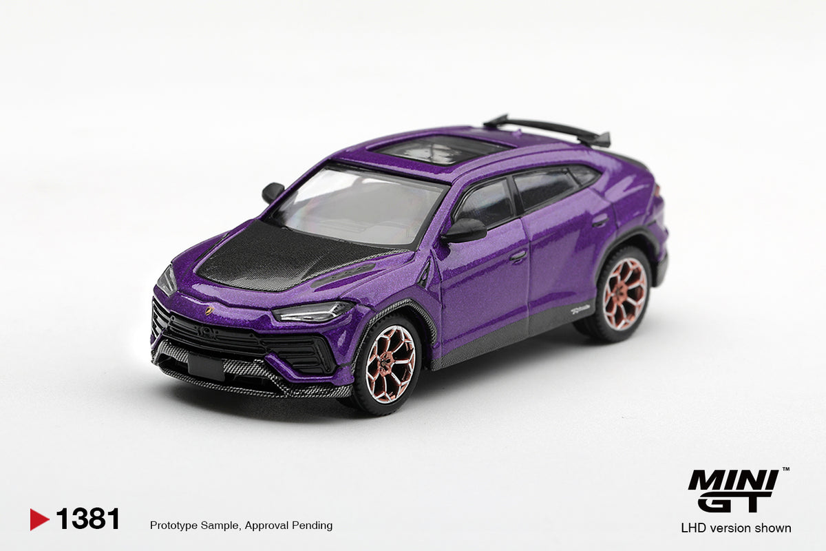 Mini GT Lamborghini Urus Performance 2023 in Viola Pasifae purple, 1:64 scale.