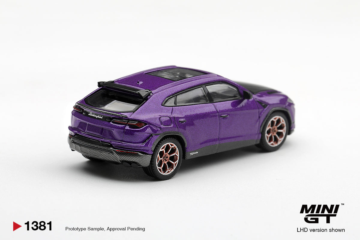 Mini GT Lamborghini Urus Performance 2023 in Viola Pasifae purple, 1:64 scale.