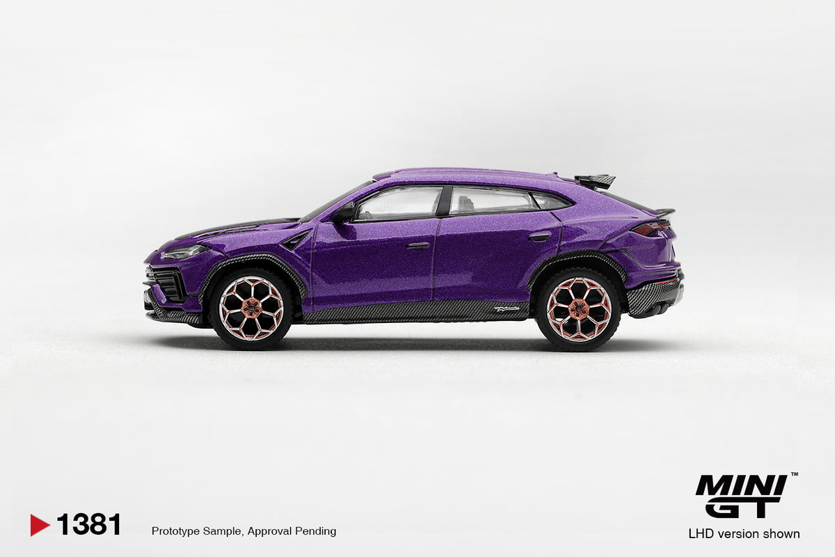 Mini GT Lamborghini Urus Performance 2023 in Viola Pasifae purple, 1:64 scale.