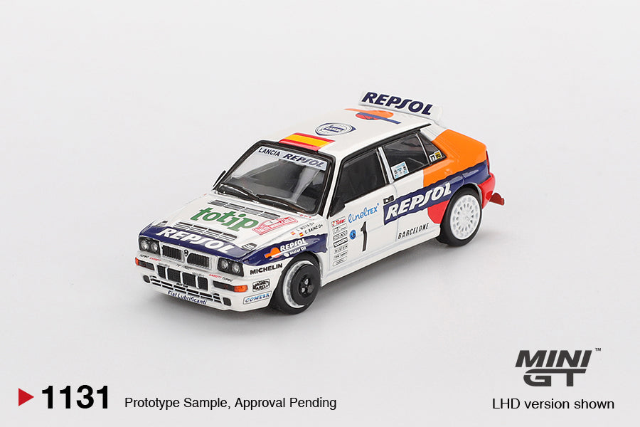 Mini GT 1:64 Lancia Delta Integrale Evoluzione #1 Rally Monte Carlo 1993 diecast rally car. Front