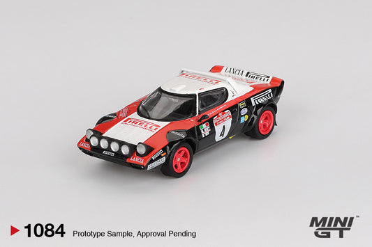 Mini GT Lancia Stratos HF #4 Rally Sanremo 1978 diecast in 1:64 with Pirelli livery and rally details. Front
