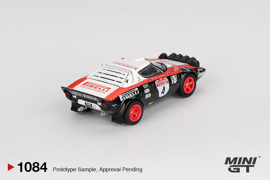 Mini GT Lancia Stratos HF #4 Rally Sanremo 1978 diecast in 1:64 with Pirelli livery and rally details. Back