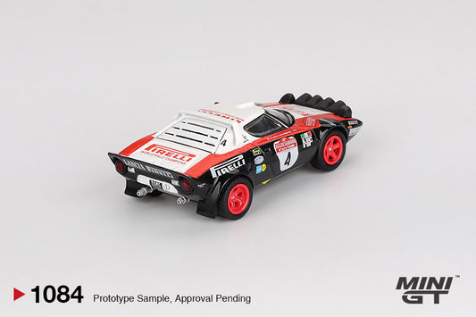 Mini GT Lancia Stratos HF #4 Rally Sanremo 1978 diecast in 1:64 with Pirelli livery and rally details. Back