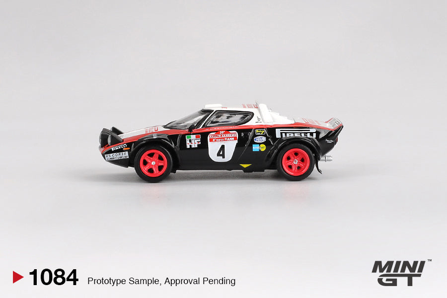 Mini GT Lancia Stratos HF #4 Rally Sanremo 1978 diecast in 1:64 with Pirelli livery and rally details. Side