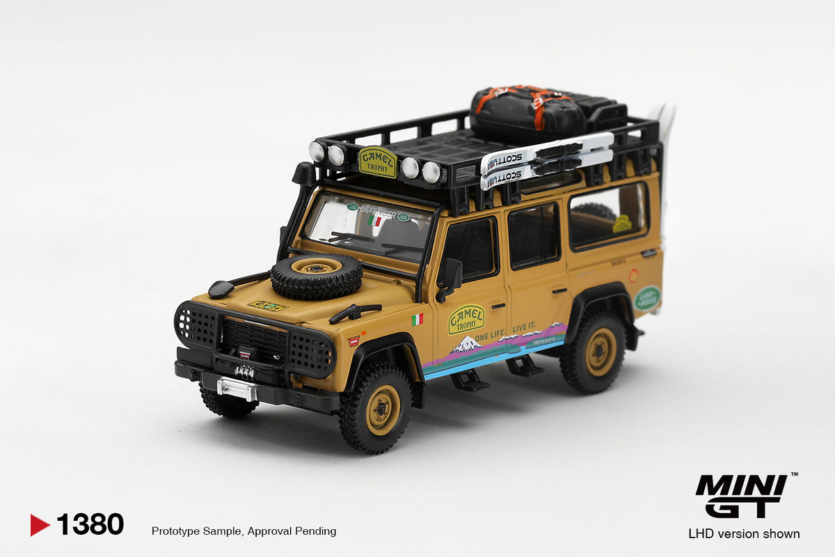 Mini GT Land Rover Defender 110 Camel Trophy Team Italy Tierra del Fuego 1998 in 1:64 scale.