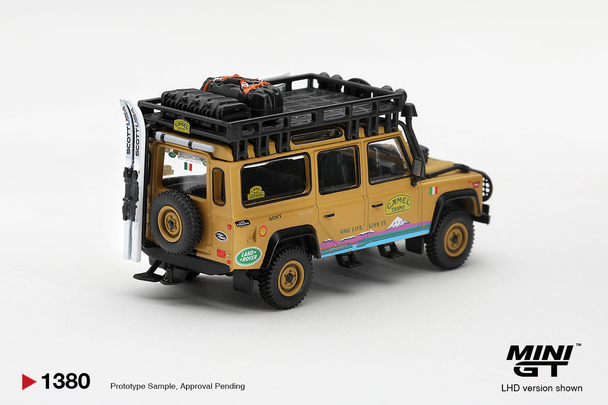Mini GT Land Rover Defender 110 Camel Trophy Team Italy Tierra del Fuego 1998 in 1:64 scale.