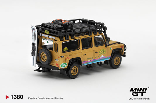 Mini GT Land Rover Defender 110 Camel Trophy Team Italy Tierra del Fuego 1998 in 1:64 scale.