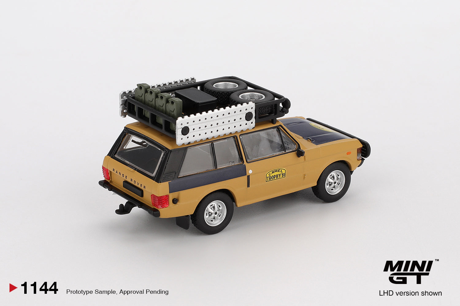 1:64 Mini GT Land Rover Range Rover Camel Trophy 1981 Winner – yellow die-cast off-road model. Back