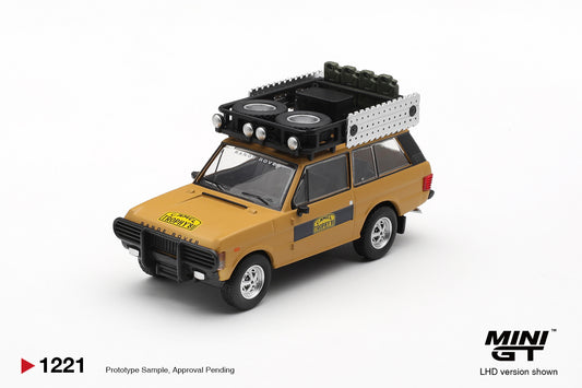 Mini GT 1:64 Range Rover Classic Camel Trophy Sumatra 1981 yellow diecast model. Front