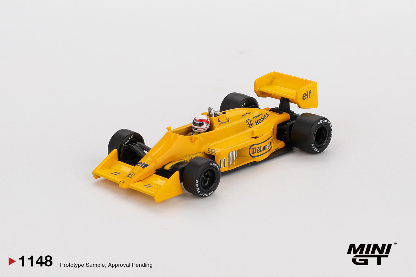 1:64 Mini GT Lotus 99T #11 Satoru Nakajima Monaco F1 GP 1987 – yellow Camel livery die-cast model. Front
