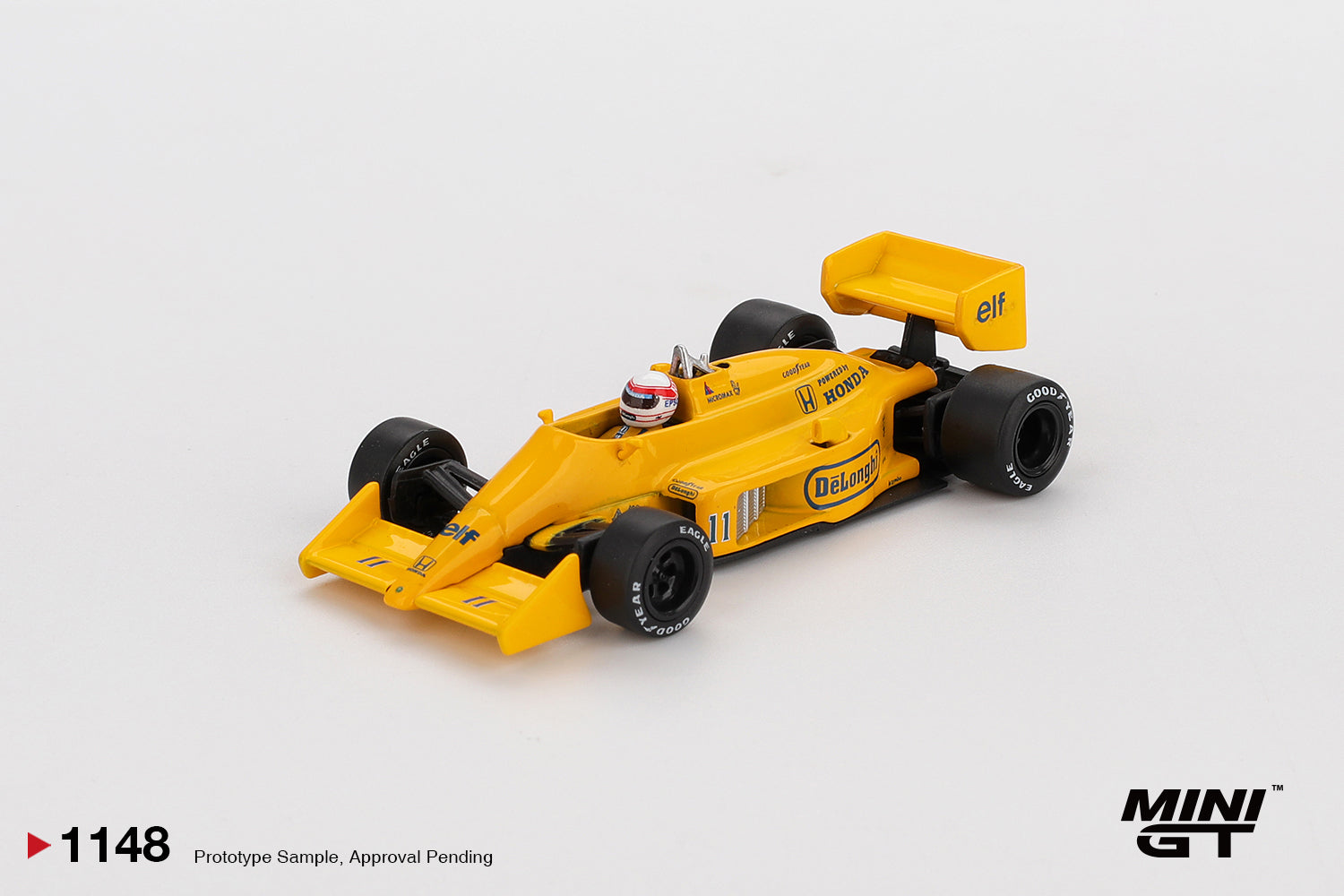 1:64 Mini GT Lotus 99T #11 Satoru Nakajima Monaco F1 GP 1987 – yellow Camel livery die-cast model. Front