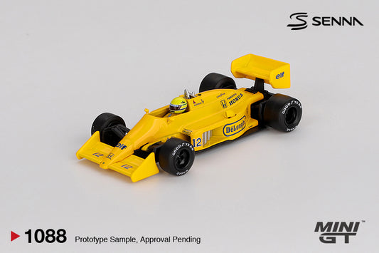 Mini GT 1:64 Lotus 99T #12 Ayrton Senna 1987 Monaco GP Winner diecast model. Front