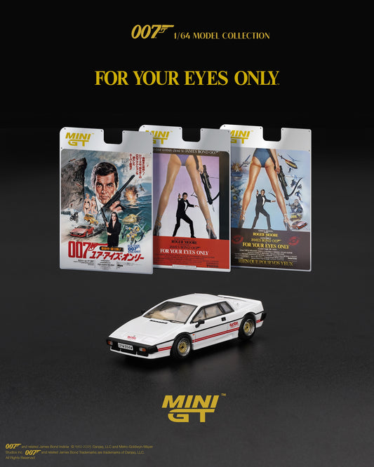 Mini GT 1:64 scale Lotus Esprit Turbo from For Your Eyes Only (1981) in white with red stripes, James Bond collectible.