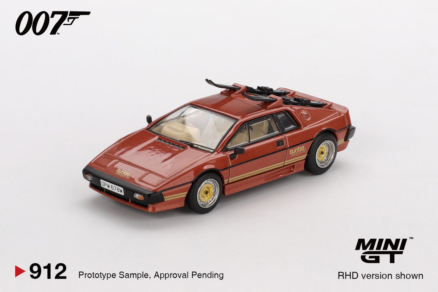 1:64 Mini GT Lotus Esprit Turbo For Your Eyes Only 1981 – red James Bond die-cast model in English. Front