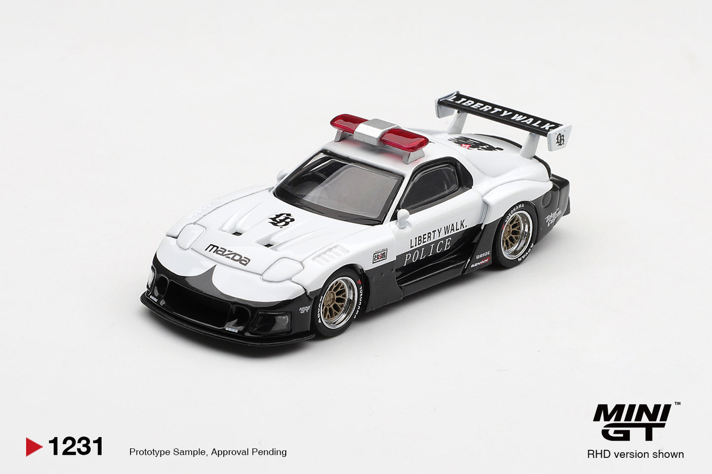 Mini GT Mazda RX7 LB Super Silhouette Police 1998 1:64 diecast model. Front